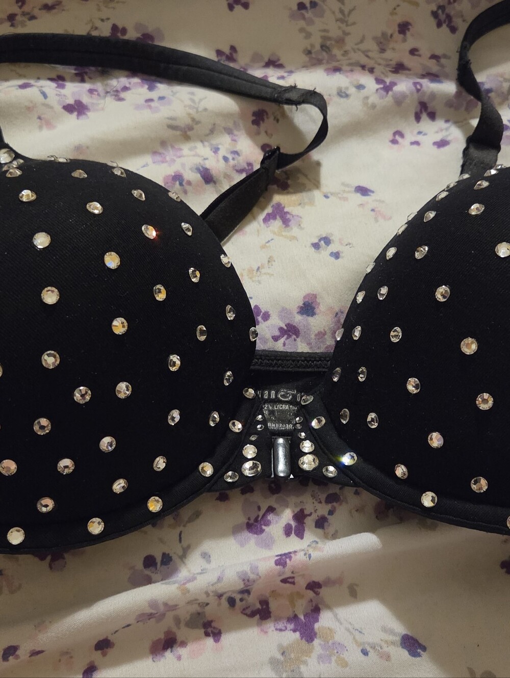 Black Embellished Push-Up Bra with Rhinestones